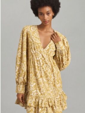 Anthropologie Mustard Yellow Floral V-Neck Tiered Long-Sleeve Dress